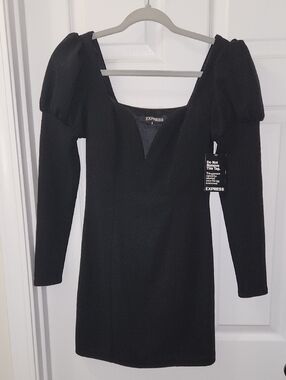 Express Black Long-Sleeve Puff-Shoulder Mini Dress